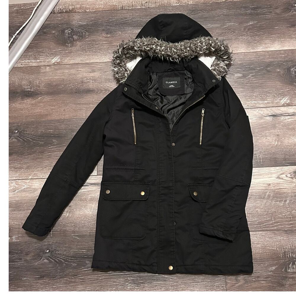 Glamisa Black Winter Coat Faux Fur Size Large - Picture 8 of 12